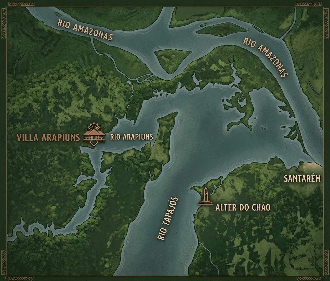 Map of the region: Villa Arapiuns sits on the bank of the Arapiuns River, to the west. To the east, where the Tapajós meets the Amazon, are Alter do Chão and, further on, Santarém.