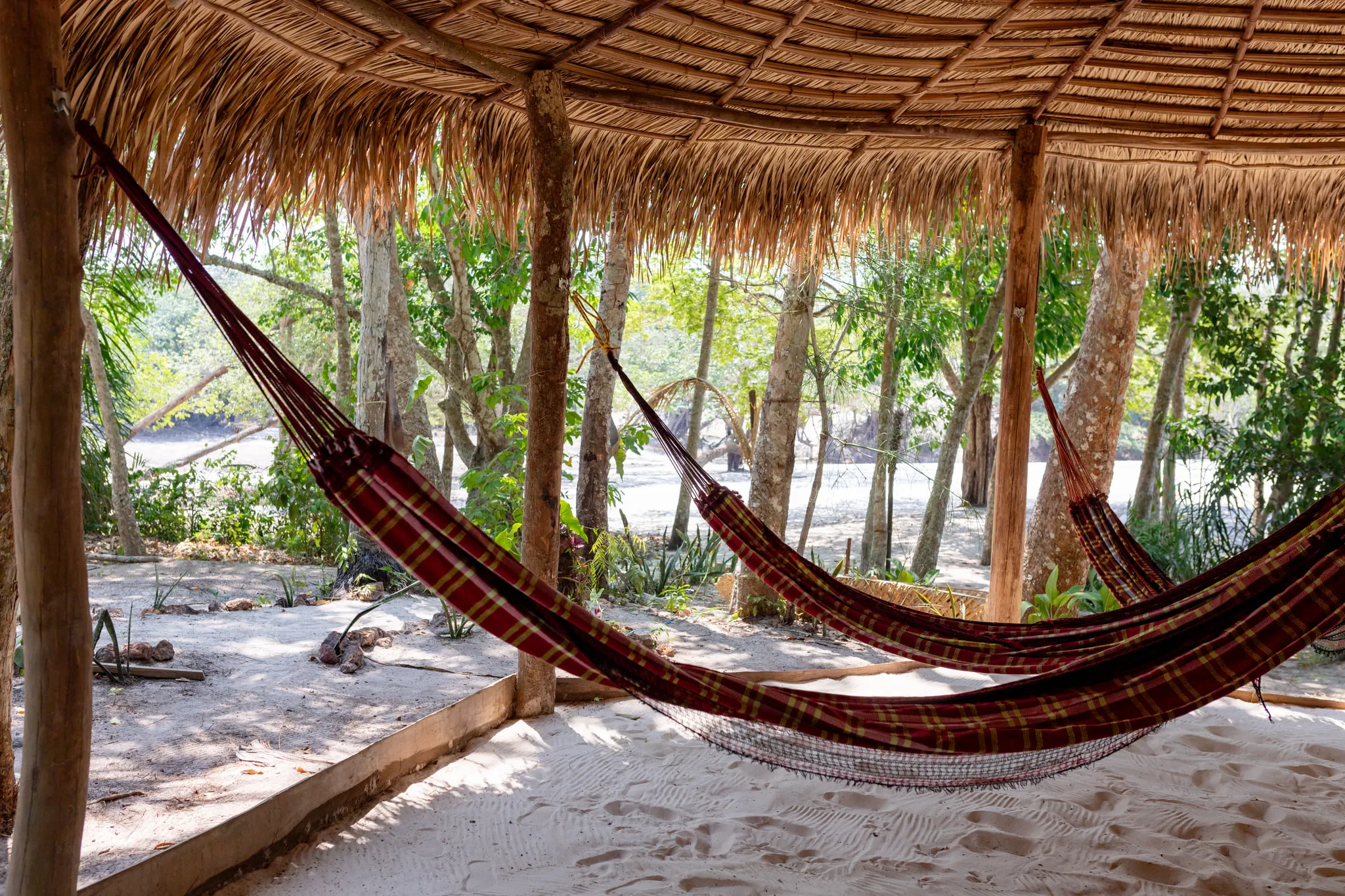 Two striped hammocks slung under a thatched roof set on the sand, with the forest and the river behind
